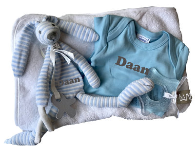 Kraammand Rabbit Stripes Blue met naam